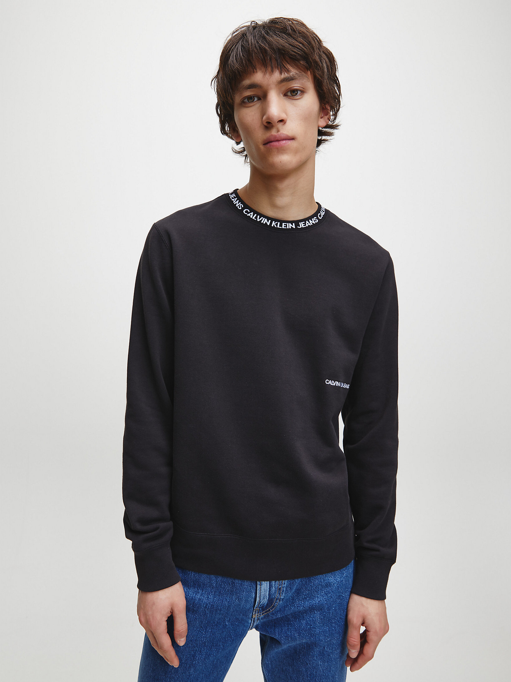 Men's Calvin Klein Institutional Logo Collar Sweatshirt Black - Aukia