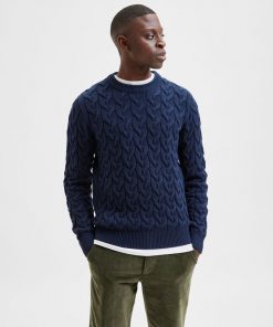 Selected Homme Cable Knit Jumper Dark Sapphire